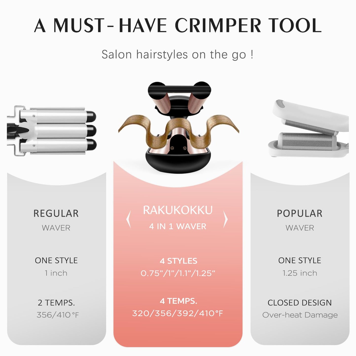 4-in-1 Hair Crimper - Adjustable Barrel for Different Wavy Looks - 3 Barrels Waver Hair Tool for Women (Healthy Ceramic Curling, Dual Voltage, 30s Fast Heating, 4 Heat Setting Up to 410℉) Gold