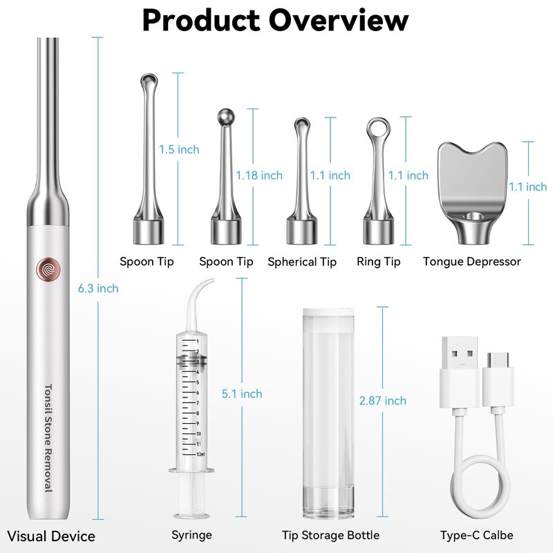 Upgraded Tonsil Stone Remover with Camera, Visual Tonsil Stone Removal Kit with 6 LED Light, Tonsil Stone Removal Tool Camera with 1080P, 5 Head Attachments, for iOS & Android (White)