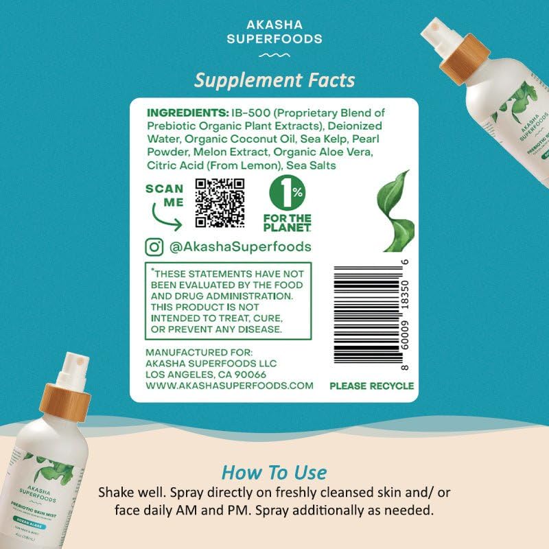 Akasha Prebiotic Skin Mist - Organic Facial Spray with Sea Kelp Extract | 3.4oz for Acne, Psoriasis & Sunburn Relief