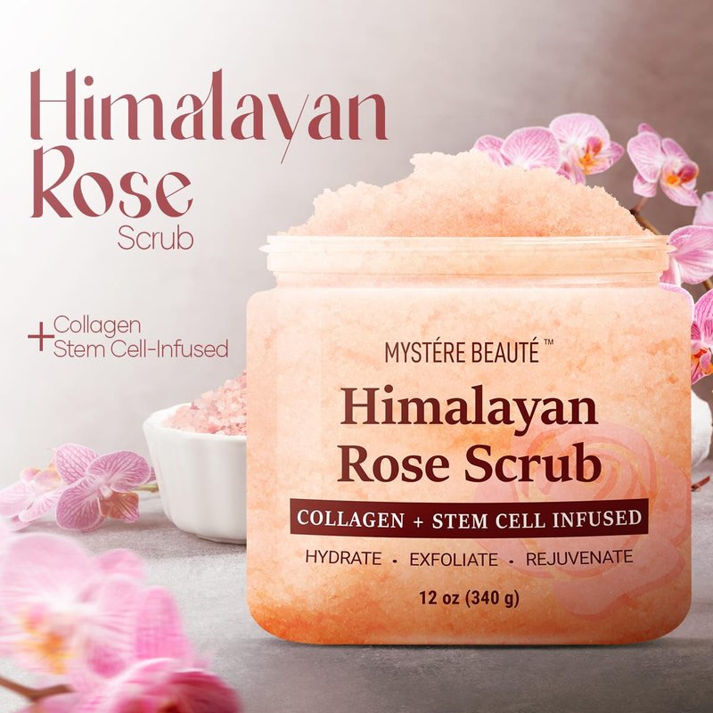 MYSTÉRE BEAUTÉ Himalayan Salt Body Scrub Twin Pack (12 oz x 2) - with Collagen, Rose Oil & Stem Cells - Exfoliating Scrub for Cellulite, Acne & Stretch Marks - Natural Skin Care Gift Set