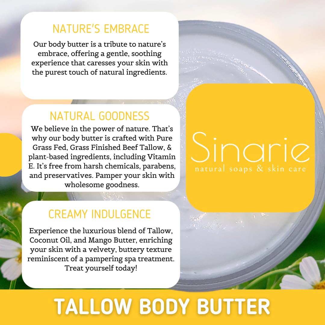 Sinarie Grass-Fed Beef Tallow Body Butter - Emulsified, Non-Greasy Moisturizer, 4 oz Soaps & Skin Care (4 oz., Unscented)