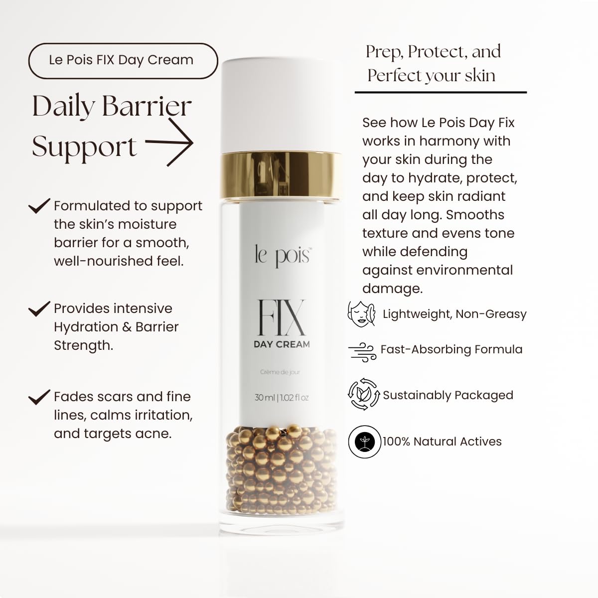 Le Pois FIX Day Cream, Anti-Aging Wrinkle-Smoothing Face Moisturizer for Women, Fragrance-Free Plant-Based Pea Protein Cream for Dry Sensitive Skin, Cruelty-Free, 1.02 Fl. oz.