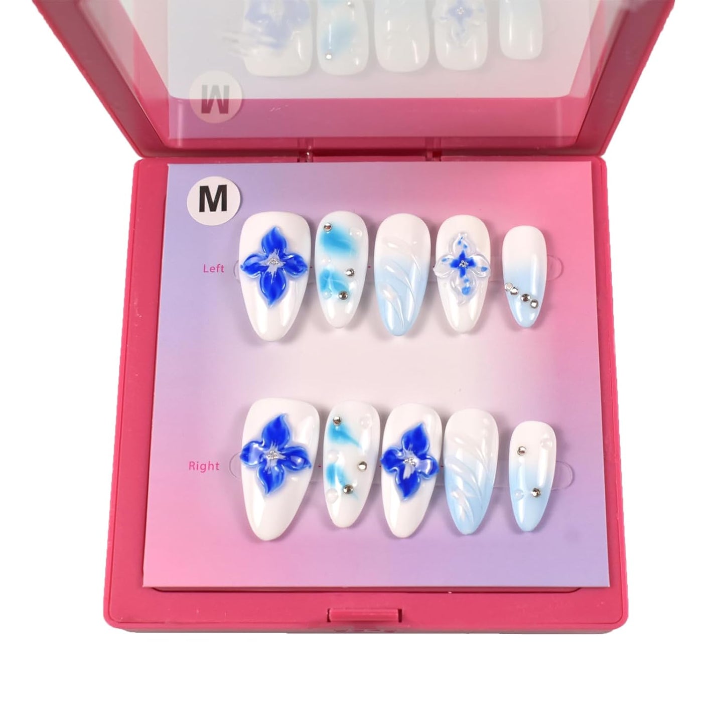 3D Blue Almond Press-On Nails with Carved Flower & Bubble Pearl - Handmade Acrylic Manicure, Medium Size