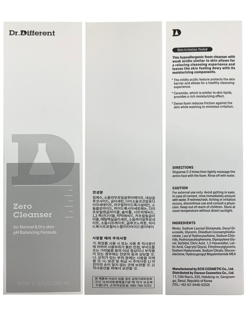 Dr.Different Zero Cleanser for Normal & Dry Skin - Hypoallergenic pH 5.5 Face Bubble Foaming Cleanser with Hyaluronic Acid and Ceramide, Moisturizing and Soothing, 6.76 fl.oz.