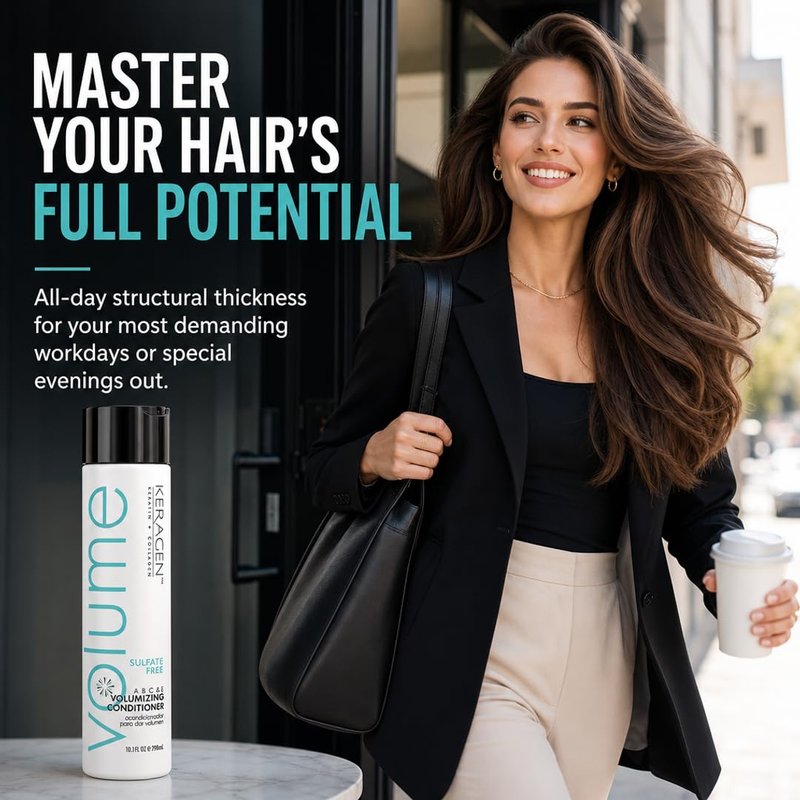 KERAGEN Volumizing Conditioner – Alcohol-Free, Sulfate-Free & Paraben-Free for Fine Hair | Keratin, Panthenol, Jojoba Oil & Vitamins | Lightweight Hydration & Frizz Control | Made in USA | 10 oz