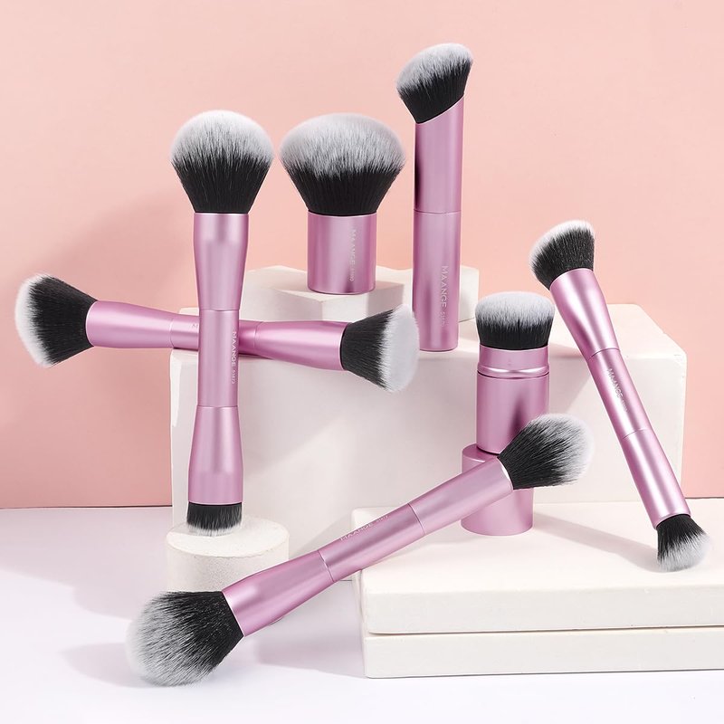 MAANGE 7pcs Makeup Brush Set Double Sided Kabuki Makeup Brushes Contour Brush for Foundation Liquid Powder Concealer Cream Cosmetics Bronzer Blending Blush Buffing Makeup Tools (Pink)