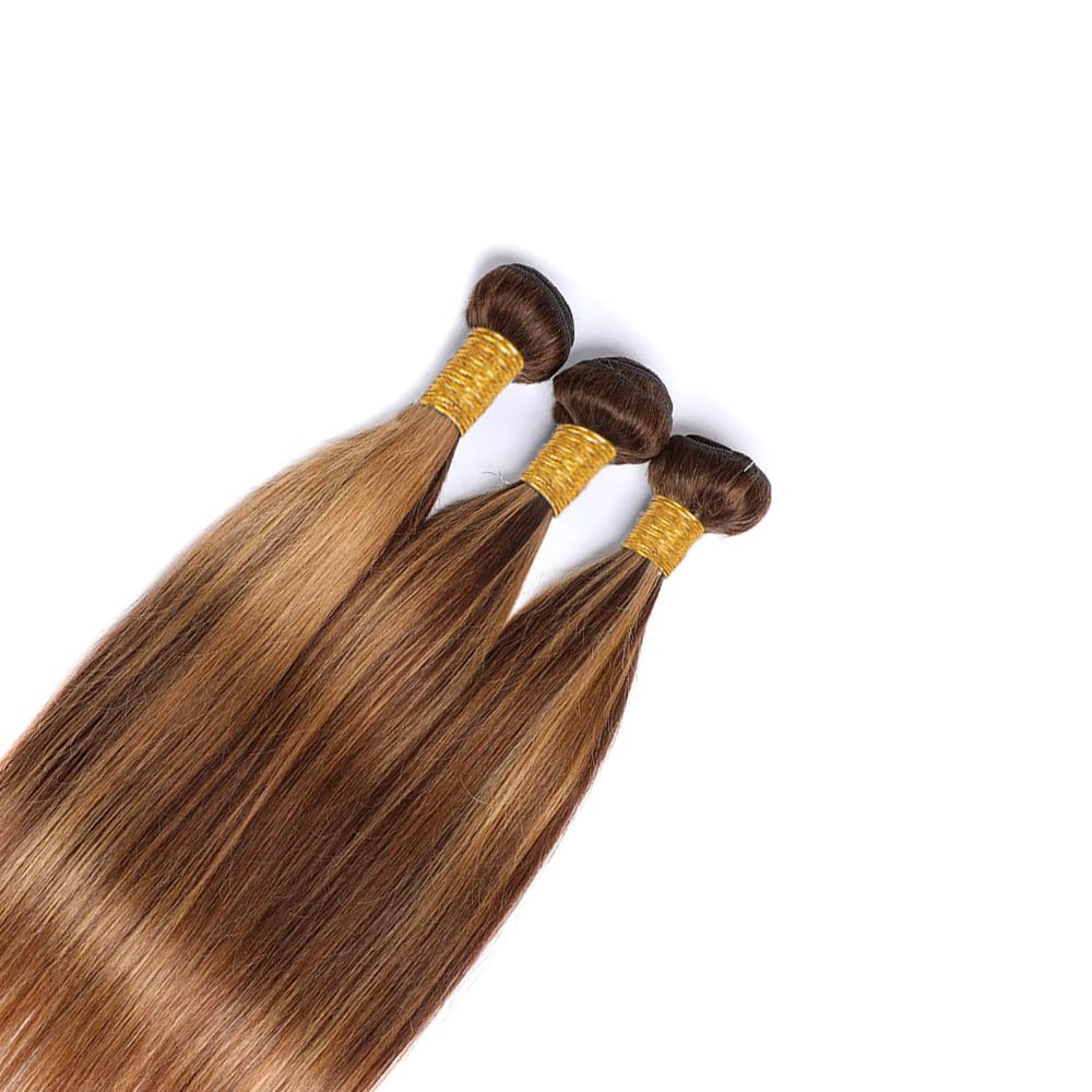 QEUOPE P427 Highlight Blonde Straight Human Hair Bundles Double Weft Brazilian Hair Extensions Ombre Two Tone Blonde Mixed With Brown Bundles for Women 8 10 12 inch