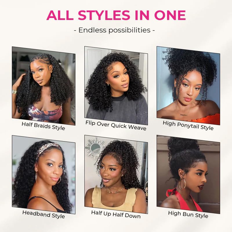 Afro Curly Half Wig - Synthetic Hair 20-Inch Glueless Flip Over | Beginner-Friendly Drawstring Headband Wig in Natural Black