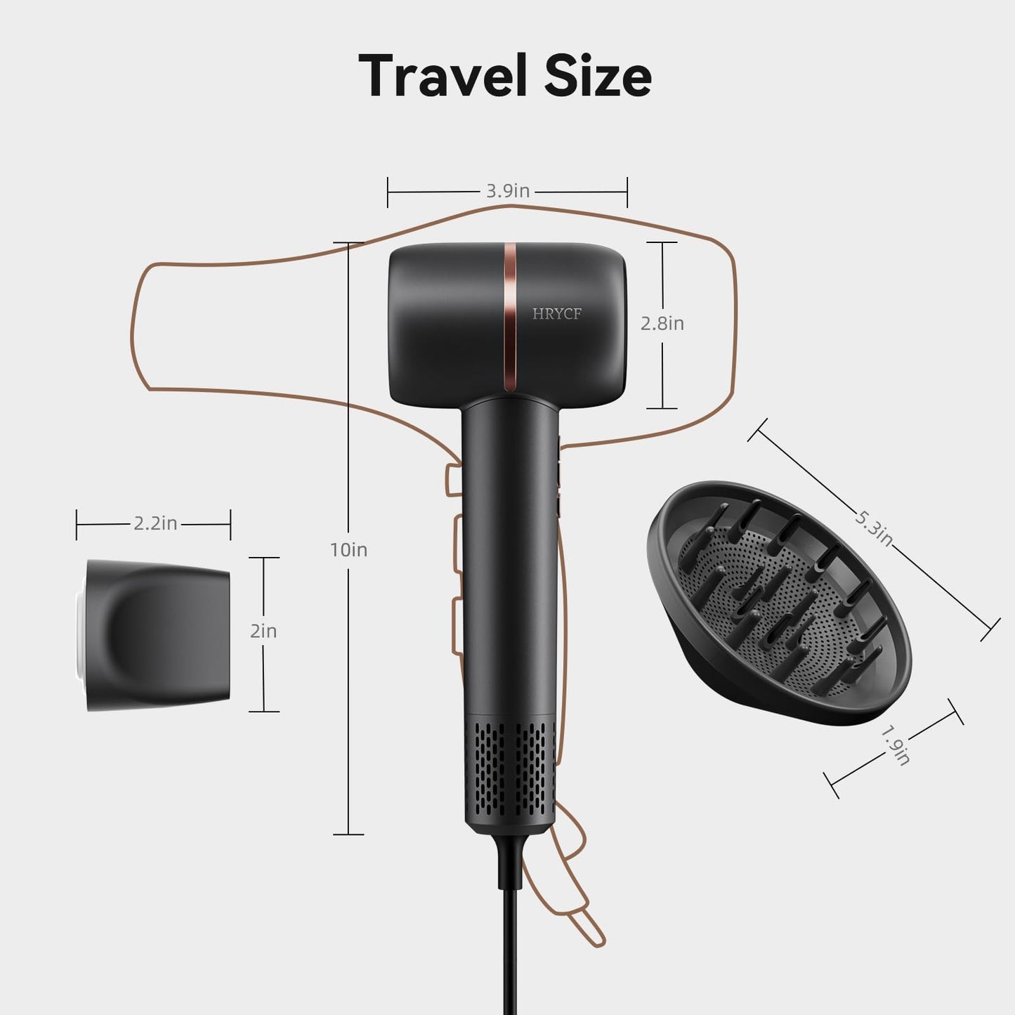 Ionic Hair Dryer Fast Drying, 160000 RPM High-Speed Brushless Motor, Thermo-Control Professional Blow Dryer, Low Noise, Lightweight, Magnetic Concentrator and Diffuser for Curly & Straight Hair, Gray