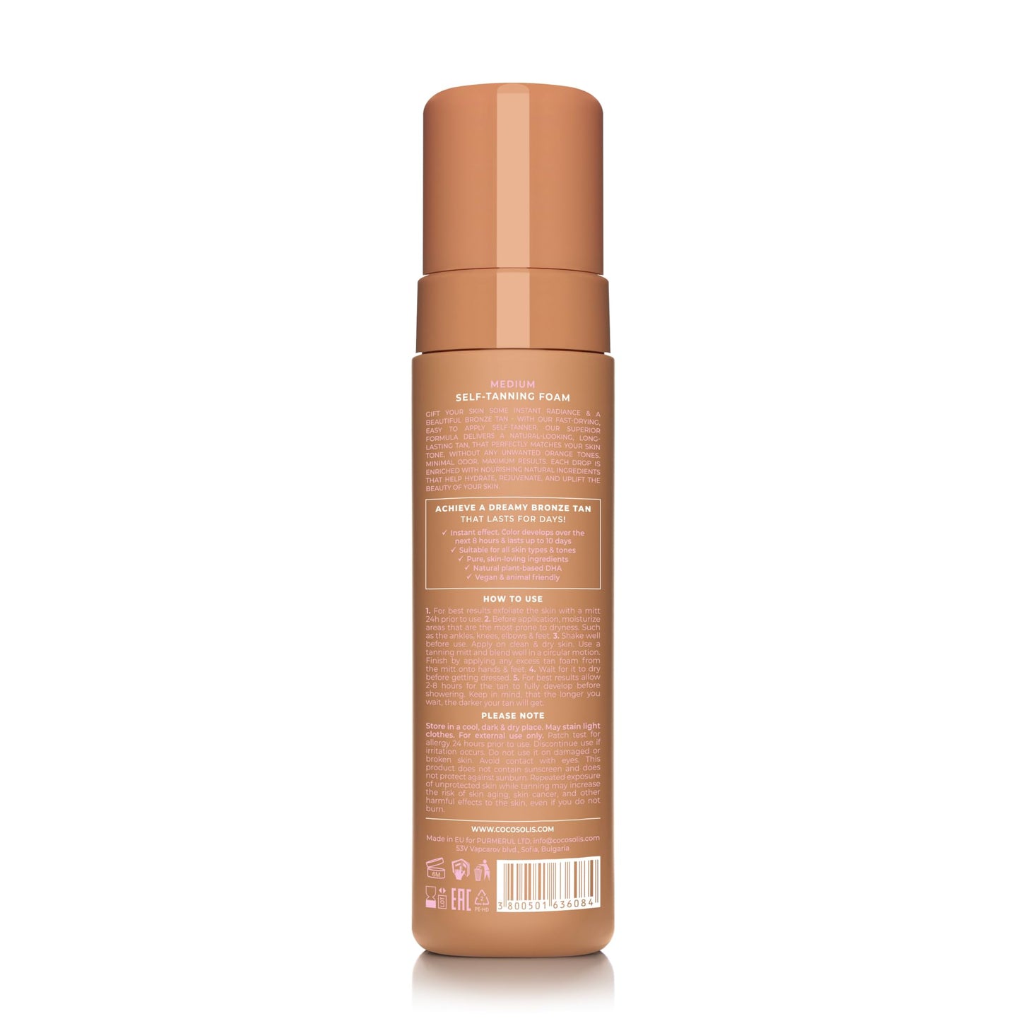 COCOSOLIS SOLIS medium self-tanning lotion for face and body, mousse for a rich, natural and long-lasting tan, with plant-based DHA (200 ml)