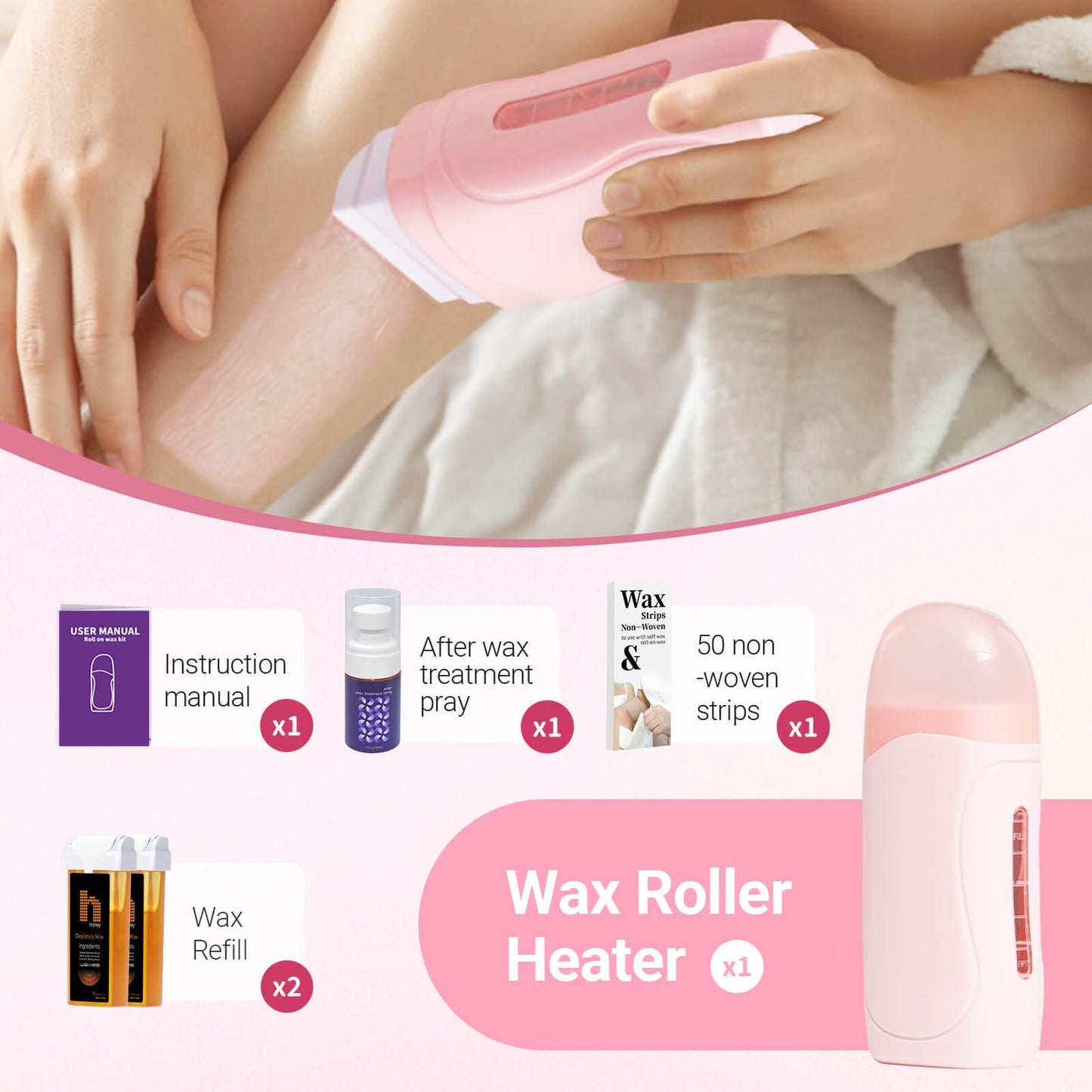 Waxpro Roll On Wax Kit for Women - Easy to Use - At-Home Hair Removal for Body (Arms & Legs) with 2 Wax Roller Cartridges & 50 Strips - White