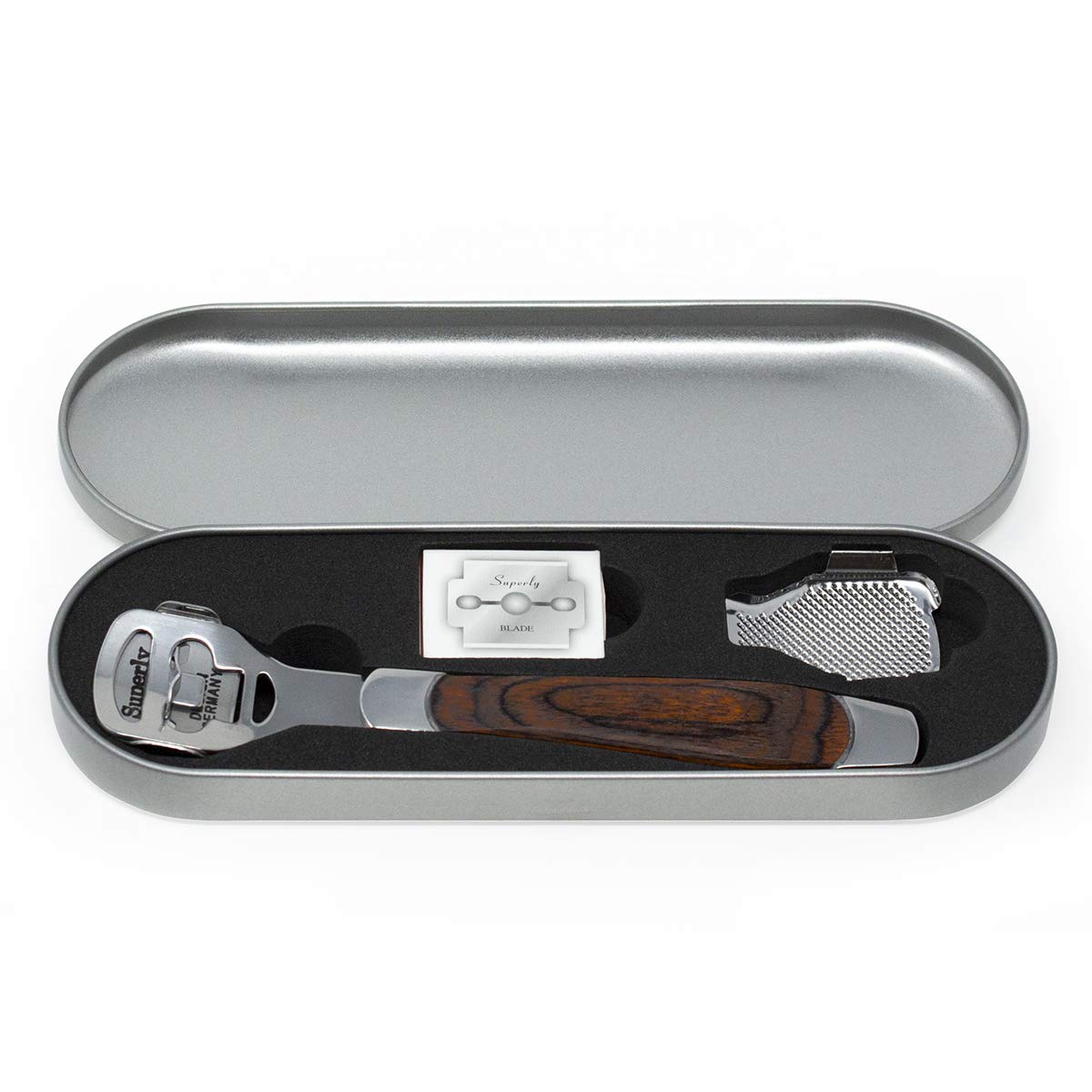 Allura Foot Care Pedicure Callus Shaver Cutter Rasp File Hard Skin Corn Remover Wood Handle 10 Blades (Case Included)