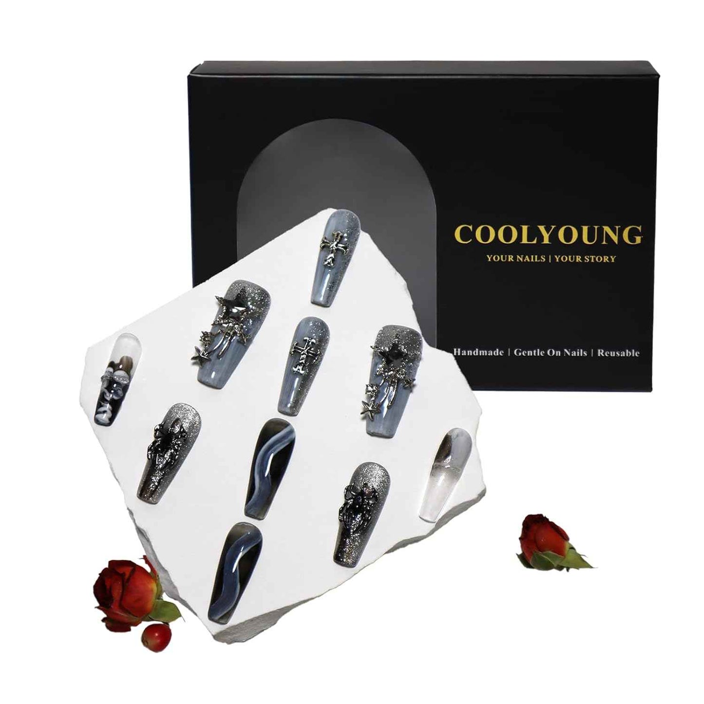 Blue Almond Press-On Nails - 10 PCS Handmade Acrylic Fake Nails for Women