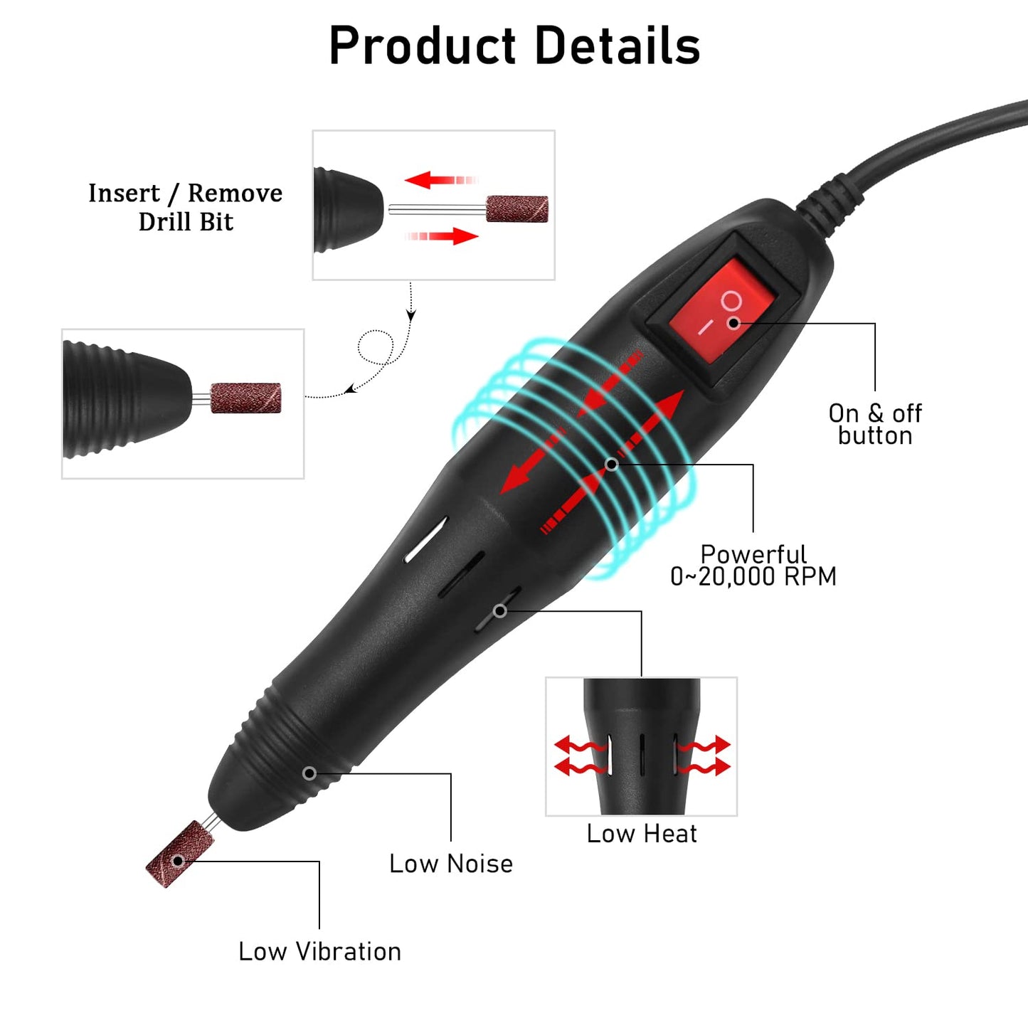 Professional Cordless Electric Nail Drill - 45000 RPM Rechargeable Nail File with 11 Bits for Acrylic & Gel Polishing - Portable Manicure Tool for Home Salon