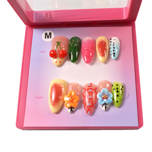 3D Blue Almond Press-On Nails with Carved Flower & Bubble Pearl - Handmade Acrylic Manicure, Medium Size