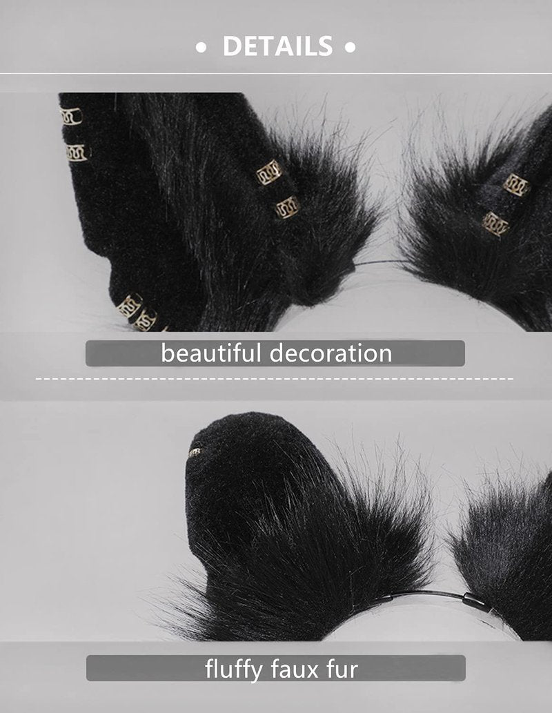 Fxaelian Cosplay Fox Wolf Cat Dog Ears Headband Hairband Hair Hoop Halloween Costume Party Headpiece Headwear Hair Accessories for Women Men Black