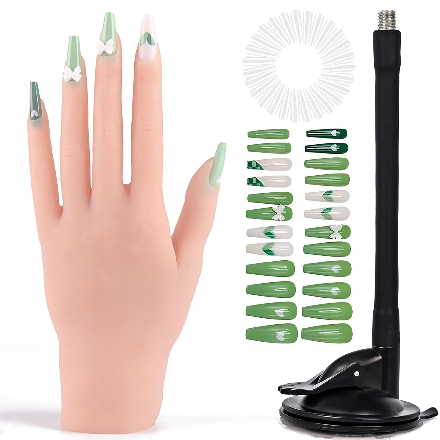 Flexible Silicone Practice Hand for Acrylic Nails with 528 Nail Tips & Stand