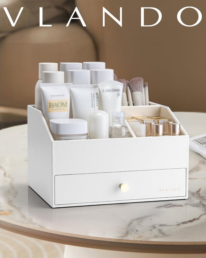 VLANDO Makeup Organzier,Vanity Organizer with Drawers, PU Leather Skincare Organizer Perfume Organizer,Large Cosmetic Display Case for Lipstick,Brushes Gifts for Women-White