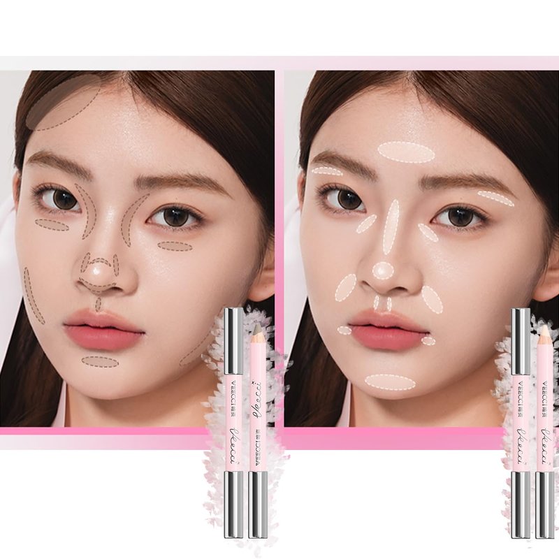 VEECCI Dual-Ended Highlighter & Contour Stick - Cream Stick, Matte Finish, Waterproof, Long-Lasting Bronzer & Luminizer Pencil for Effortless Makeup, Portable & Smudge-Proof, 01Daylight
