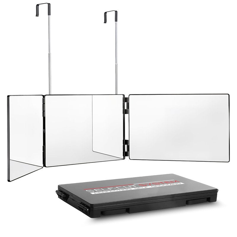 Self-Cut System 3-Way Mirror for Self Hair Cutting - Portable Trifold Mirror with Retractable Hooks, Impact-Resistant Glass, Fold Flat Design, Fits Standard Doors, Men & Women, 12.5" L x 1" W - Black