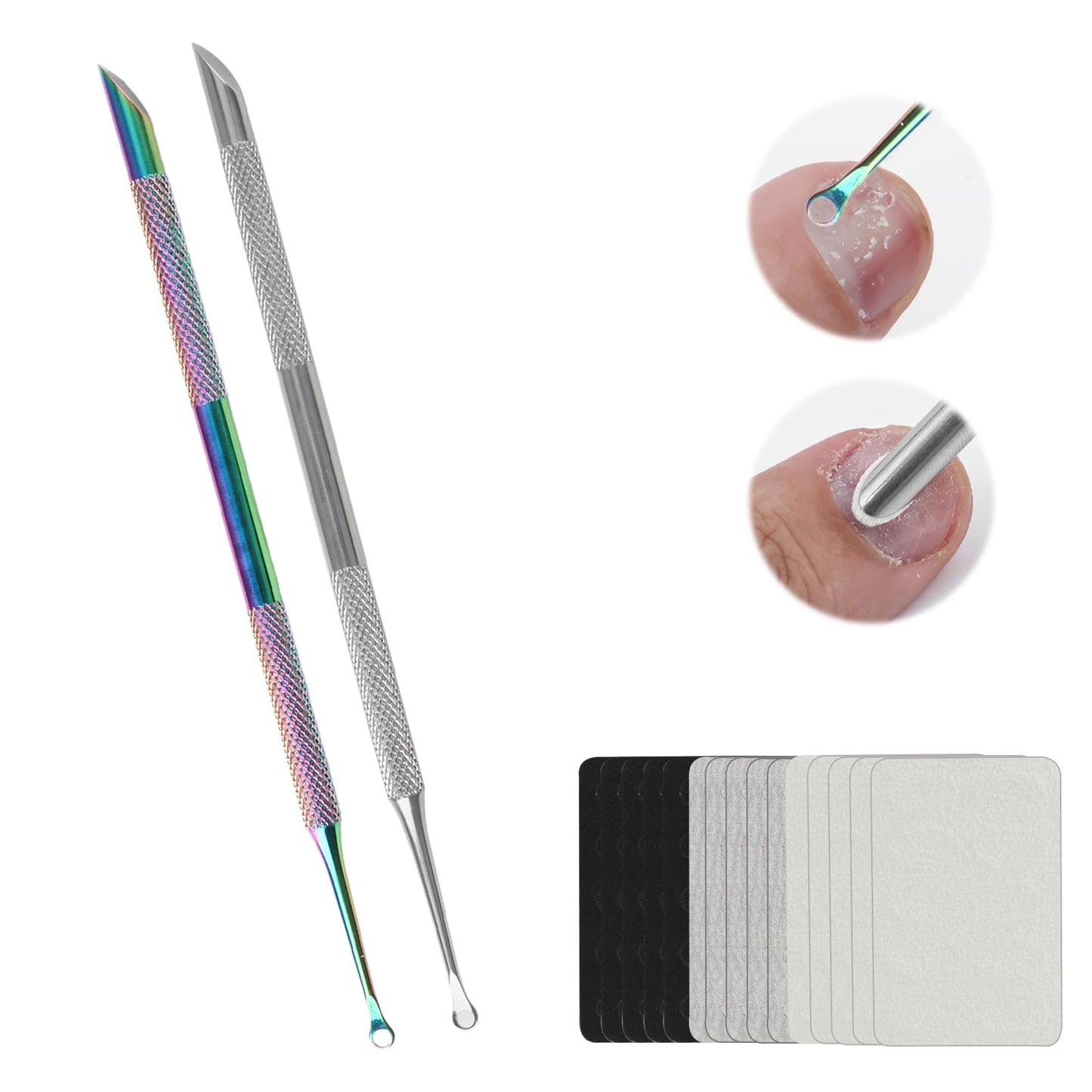 TNJPSEK 2 Pack Professional Nail Polish Around Cuticle Remover Tools, Pre-treatment Cuticle Pusher with 15 Sheets 100/180/240 Grit Sandpaper, Dual-Ended Russian Nail Polish for Manicure Pedicure Salon