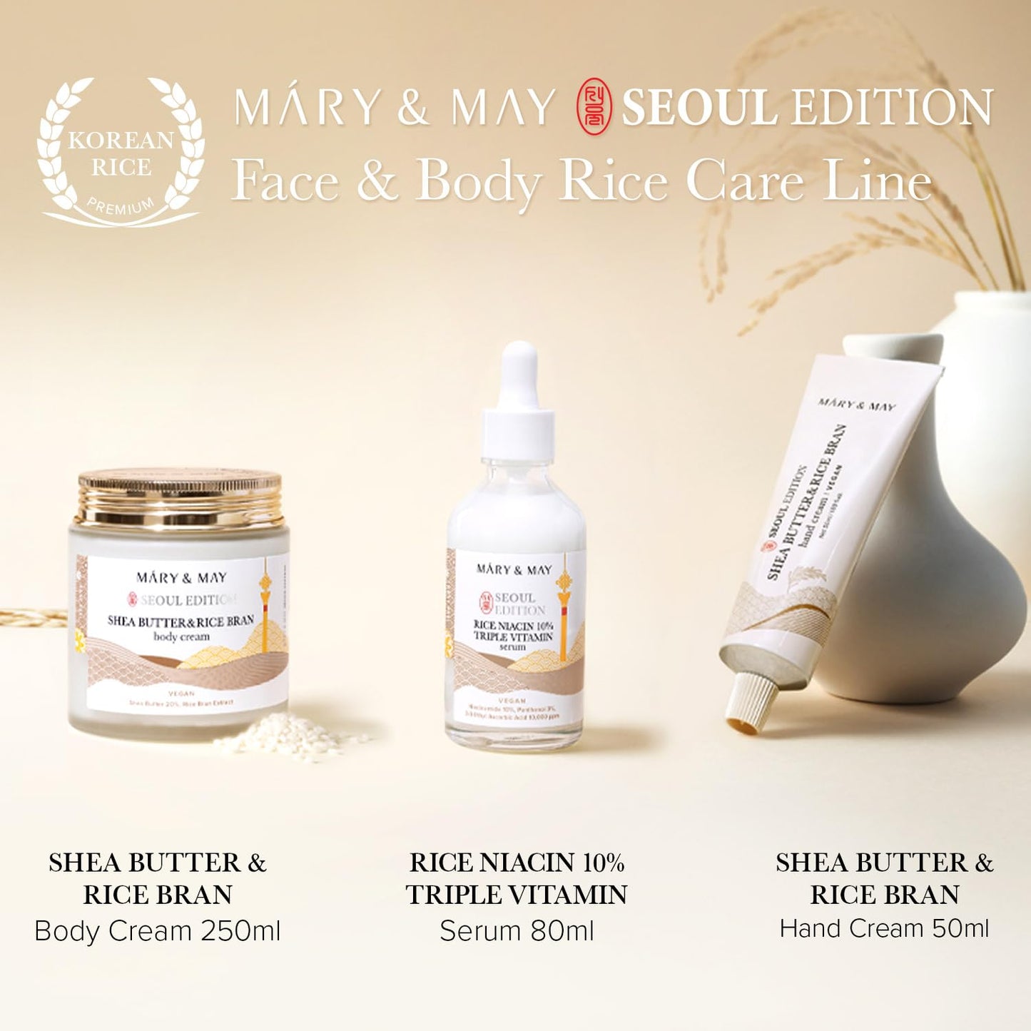 Mary&May SEOUL EDITION Shea Butter & Rice Bran Body Cream - Korean Vegan Boby Moisturizer for Dry and Sensitive Skin with Ceramide - Fragrance Free Body Butter, 8.45oz.
