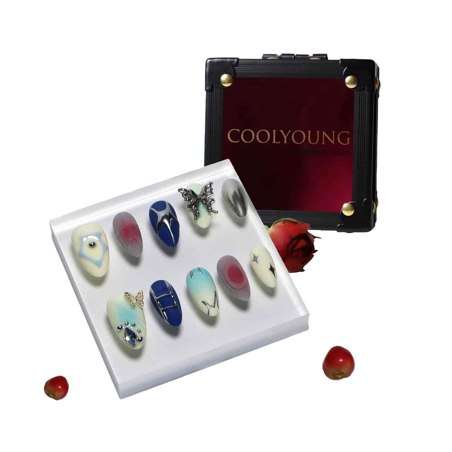 Blue Almond Press-On Nails - 10 PCS Handmade Acrylic Fake Nails for Women