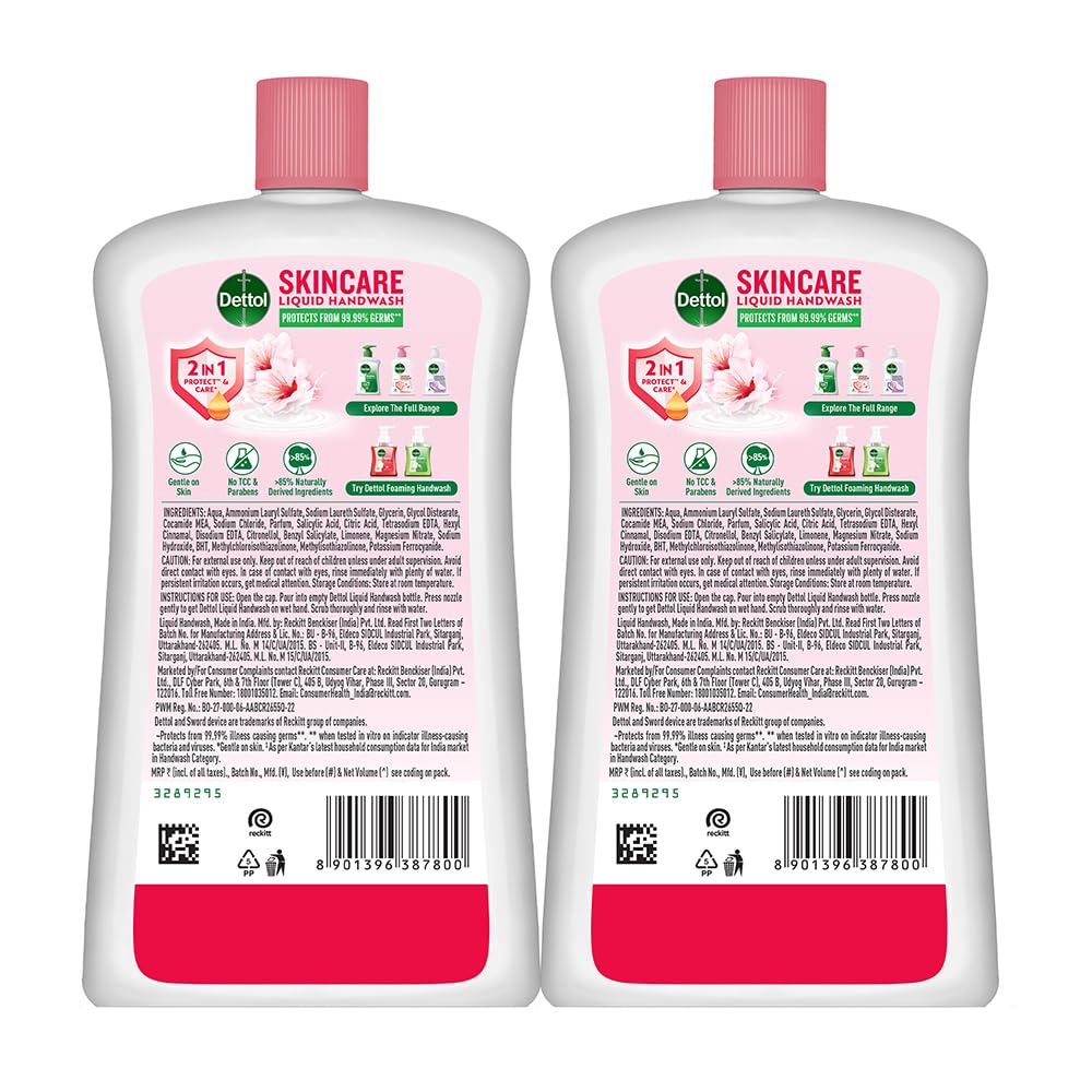Dettol Skincare Liquid Handwash | 875ml (29.59 Fl Oz) | Pack of 2