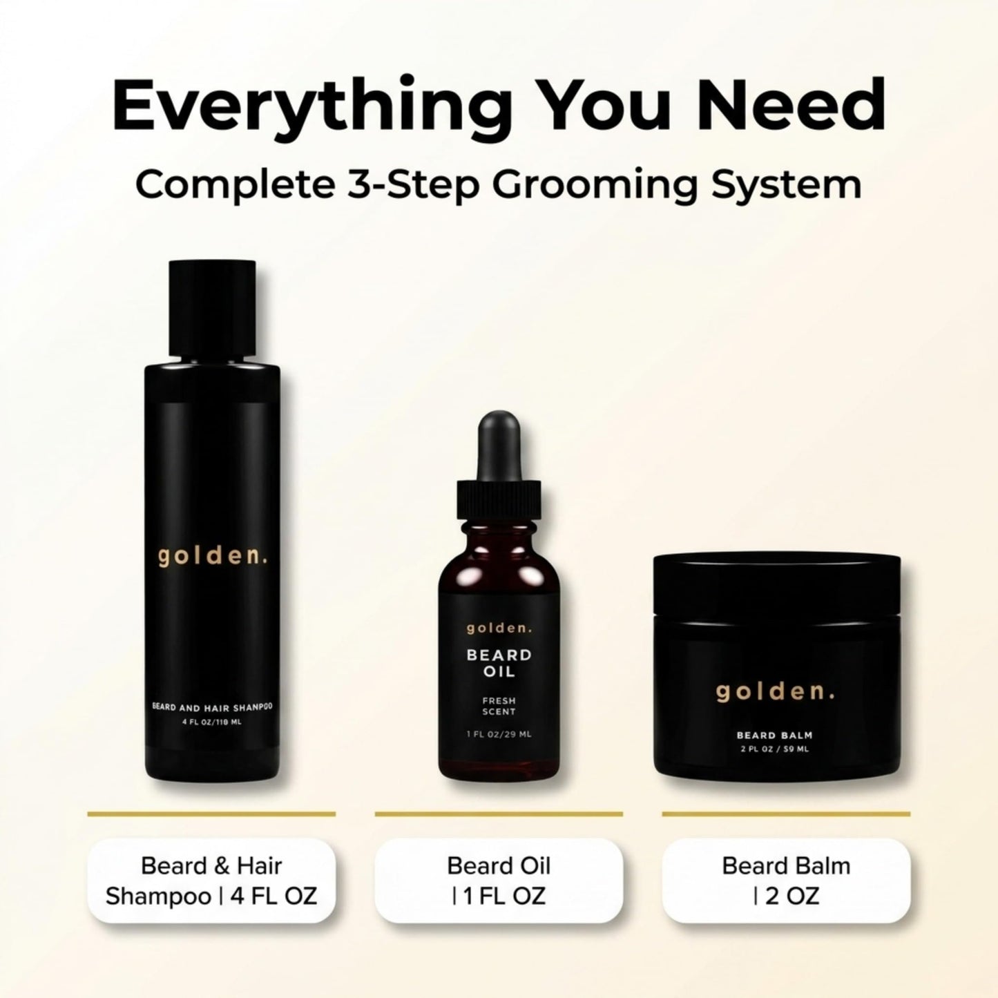 Golden Grooming Beard Bundle (Regular Starter Kit) 4oz Shampoo, 2oz Balm, 1oz Oil - Fresh