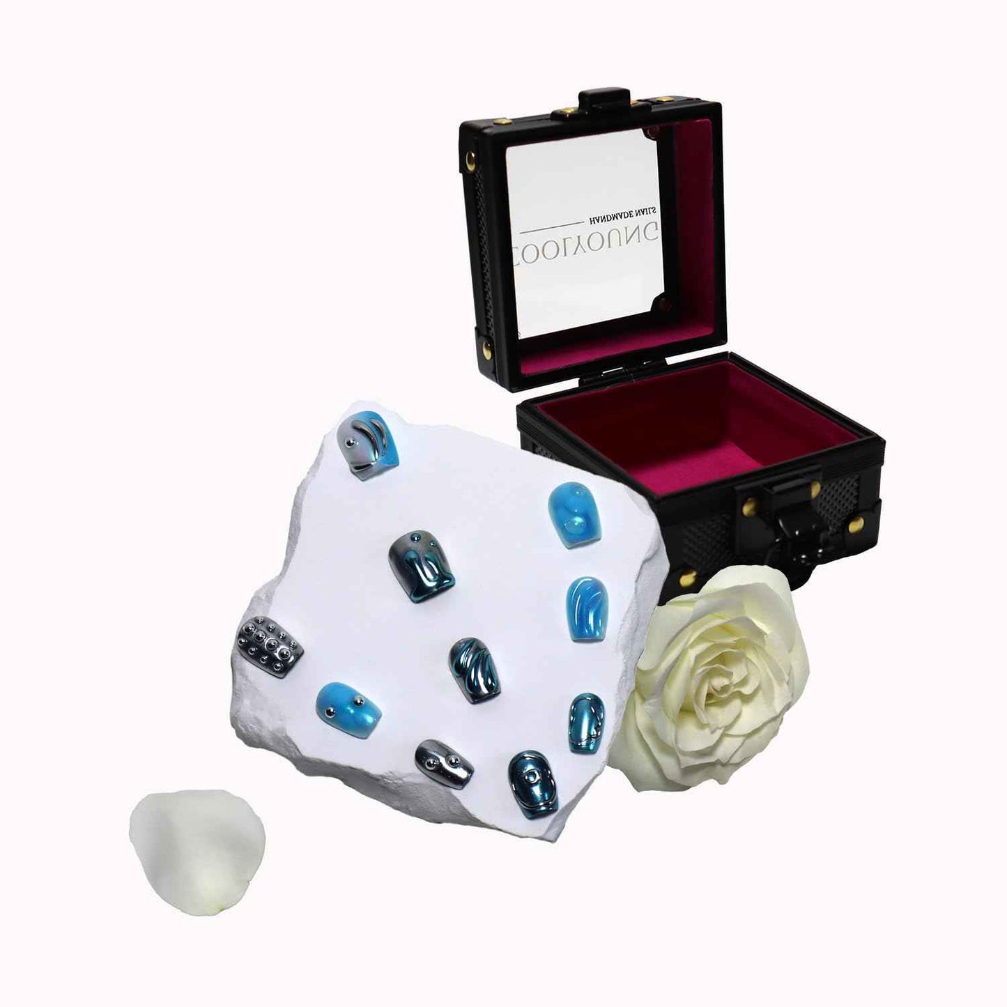 French Tip Cat Eye Press On Nails - 'Lonely Warrior' Black Square Nail Tips Set with Gift Box & Storage Bag