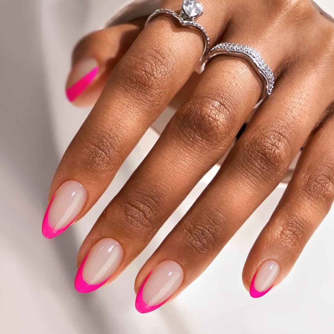 French Tip Press On Nails - Almond Shape, Berry & Dazzling Pink, Glue Included