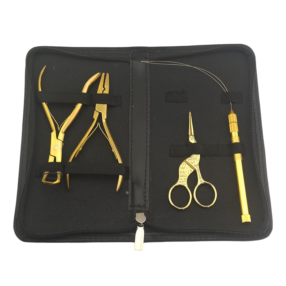 Hair Extension Beading Tool Kit Hair Extensions Micro Link Bead Closer and Remover Pliers and Cutting Scissors Set, Link Micro Ring Loop Needle Pulling Hook Threader Wire for Silicone Rings (Gold)