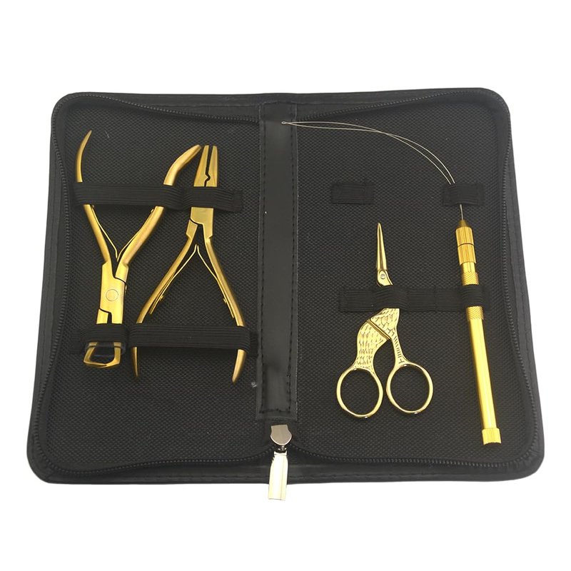 Hair Extension Beading Tool Kit Hair Extensions Micro Link Bead Closer and Remover Pliers and Cutting Scissors Set, Link Micro Ring Loop Needle Pulling Hook Threader Wire for Silicone Rings (Gold)