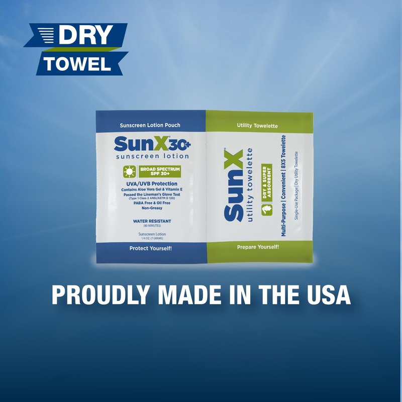 CoreTex Sun X 30+ Broad Spectrum Sunscreen Packets & Dry Towels Duo Kit - Pack of 25 Paraben, Oxybenzone, Octinoxate, & Oil Free Sunscreen - No White Cast and Water Resistant Up to 80 Minutes
