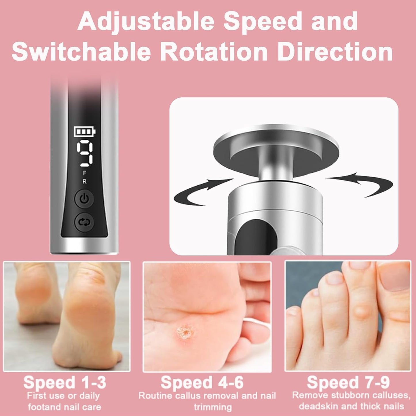Electric Foot Callus Remover & Nail Drill - Cordless, 11000RPM, 9 Speeds, Digital Display, 10 Grinding Heads & 20 Sandpaper Discs
