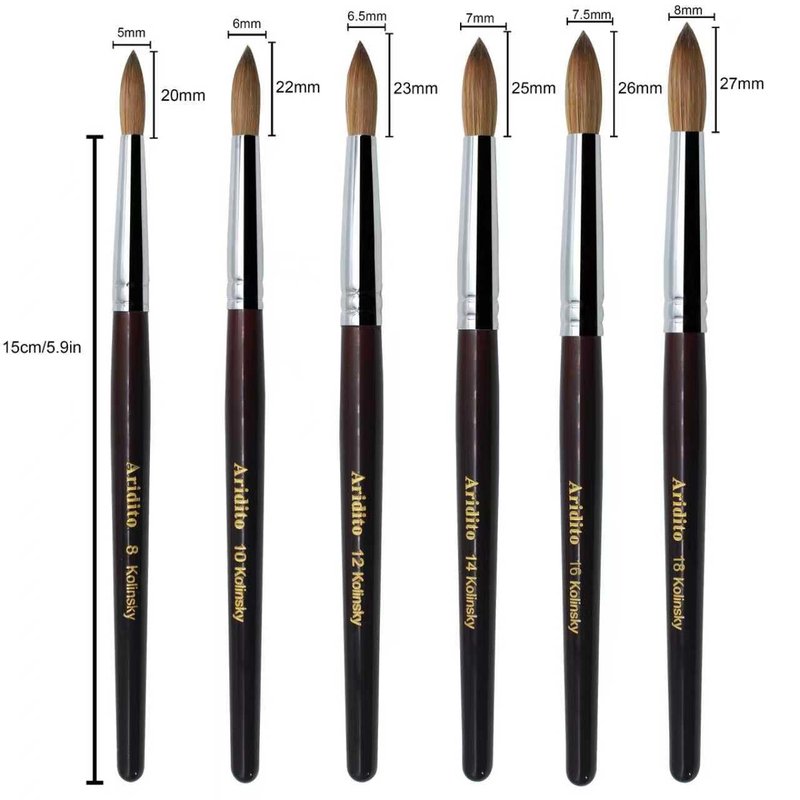 Aridito Round Head Kolinsky Acrylic Nail Brush Red Wine Color Wooden Handle For Professional Manicure DIY Home Salon (Size 8/10/12/14/16/18) (16# Kolinsky)