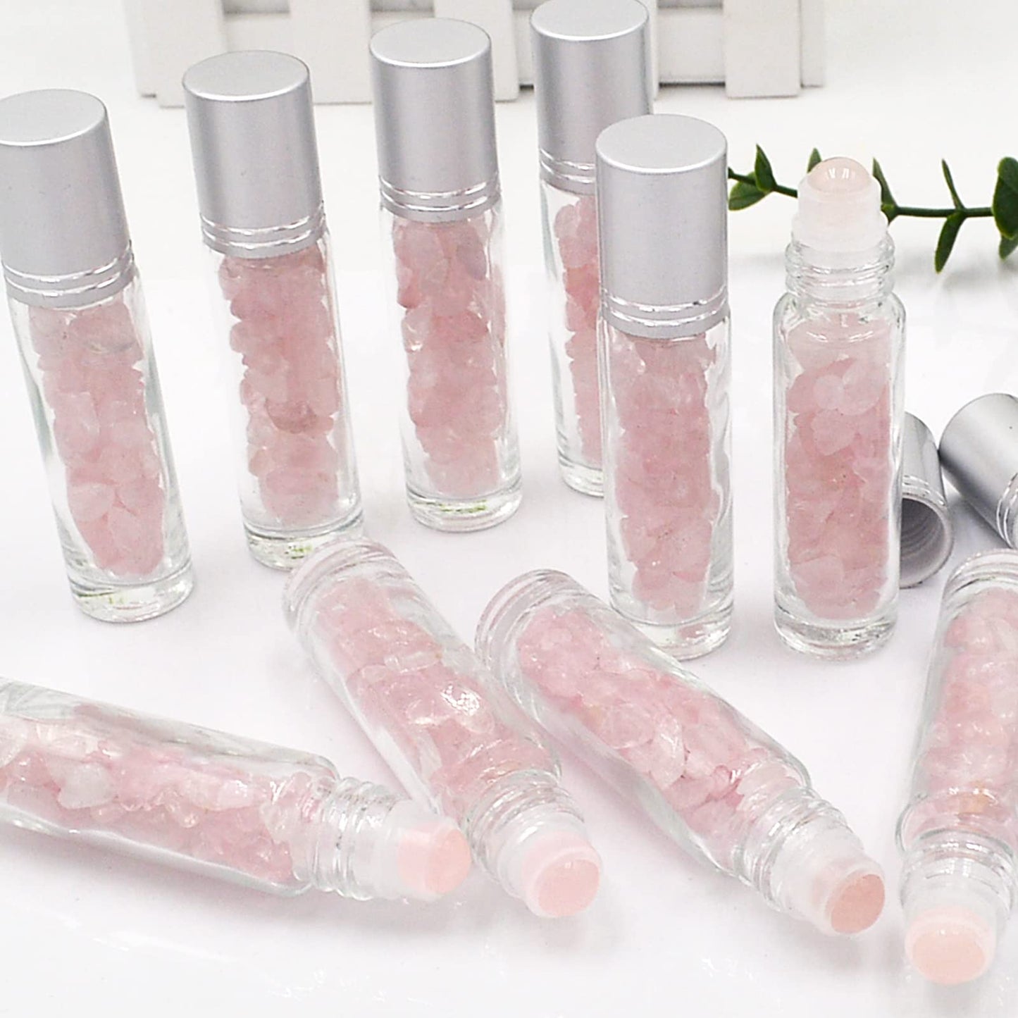 Essential Oil Roller Bottle 10ml w EVA Carrying Travel Case(Clear Glass Bottle with silver Cap、10pack、Gemstone Roller Balls、Healing Crystal Chips Inside、Opener)Gemstone Roller Ball Bottles