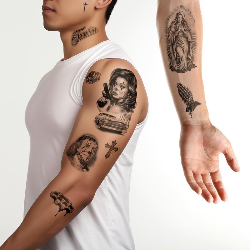 Los Vatos Chicano Bundle - Cholo and Chola Temporary Tattoos For Men Women, Payasa, Lowrider, Virgin Mary, Prayer, Cross, Chicana, Gangster, Fake Tattoo, Día de Muertos, Tatuajes Temporales