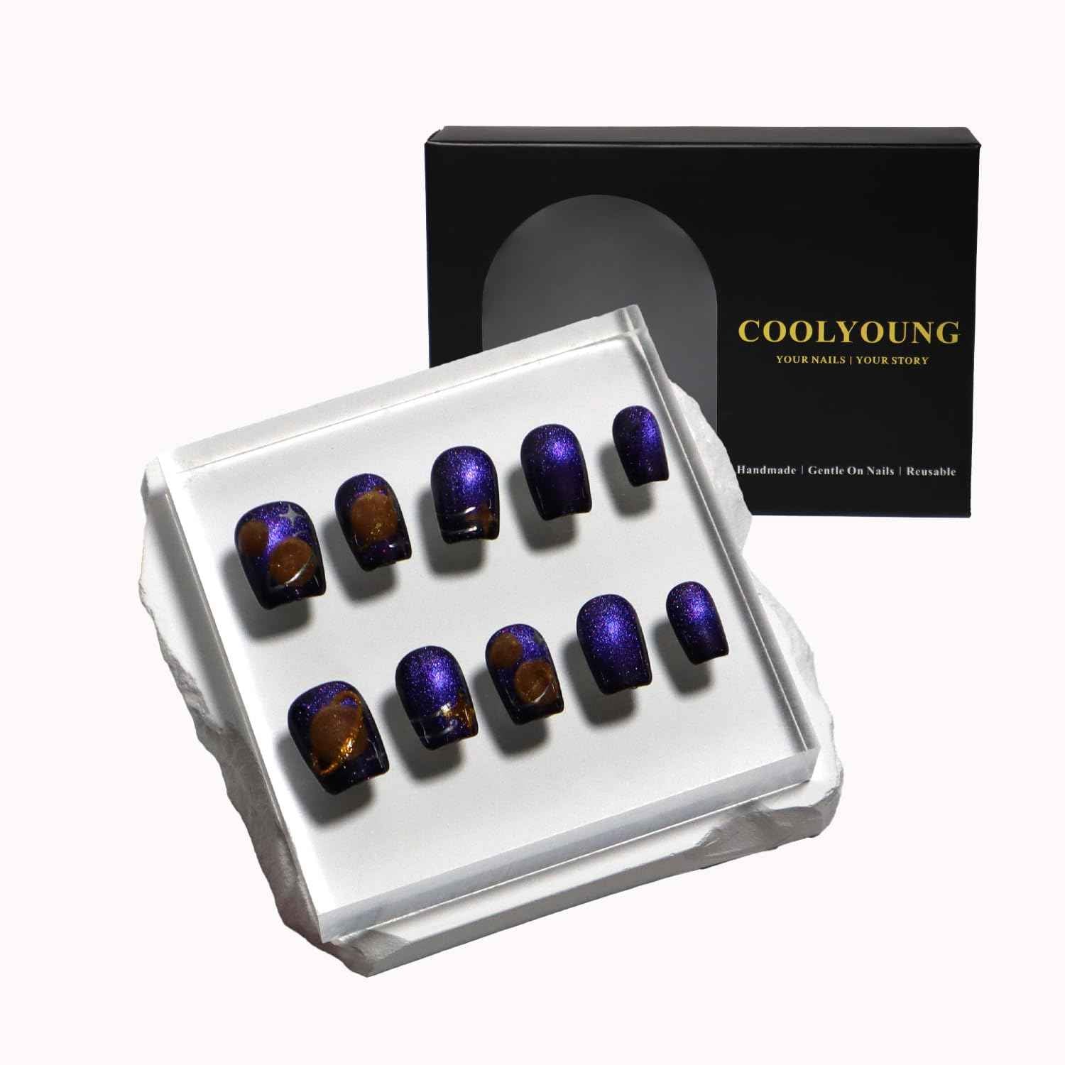 French Tip Cat Eye Press On Nails - 'Lonely Warrior' Black Square Nail Tips Set with Gift Box & Storage Bag