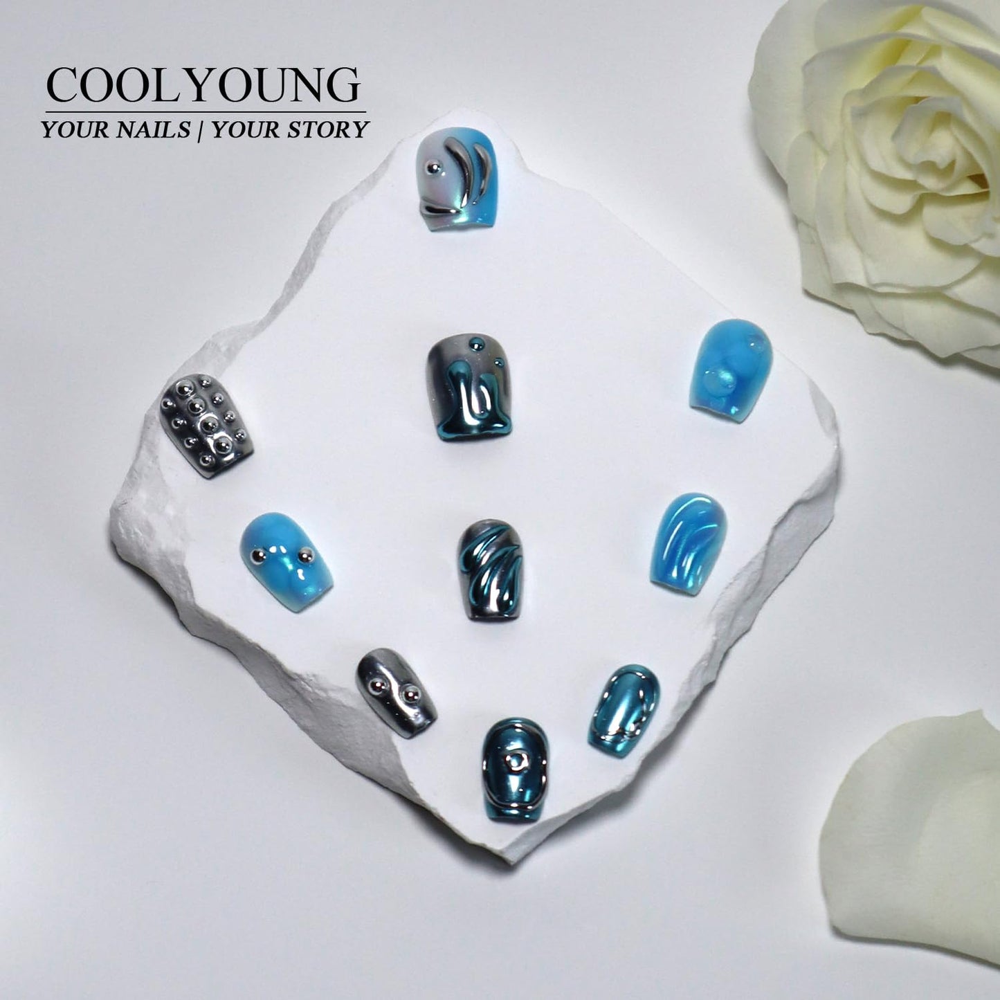French Tip Cat Eye Press On Nails - 'Lonely Warrior' Black Square Nail Tips Set with Gift Box & Storage Bag