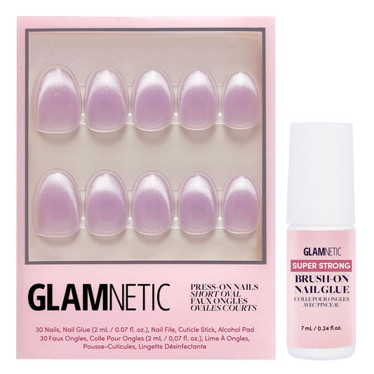 Fairy Dust Glamnetic Press On Nails & Brush On Glue Bundle - Short Oval Beige-Pink Velvet Metallic Finish - 30 Nails in 15 Sizes
