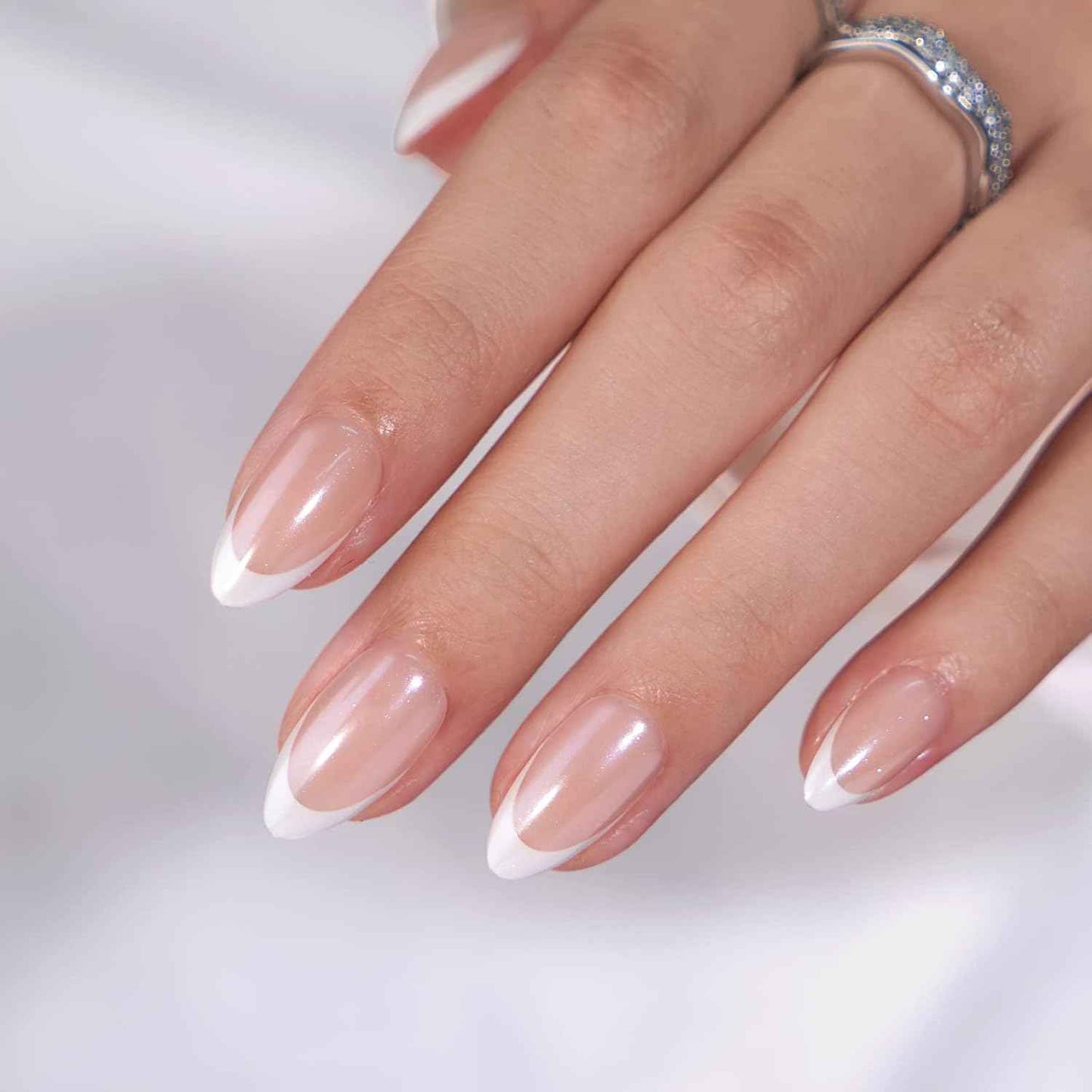 French Tip Almond Press On Nails - Short, Natural Fit, Classic & Dazzling Pink