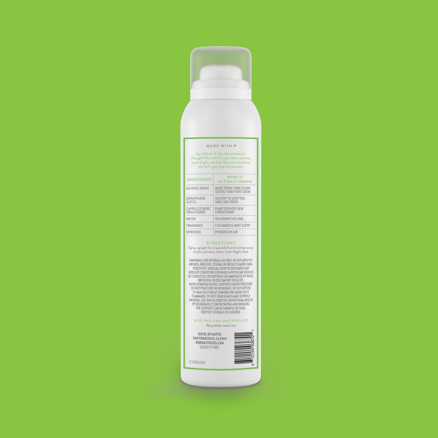 Native Whole Body Deodorant Spray, Cucumber & Mint Scent, 72 Hour Odor Control for Pits, Privates & More, Aluminum Free, Quick-Drying Deodorant for Men & Women, 3.5 oz