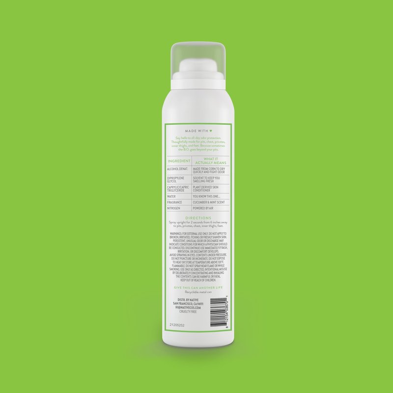 Native Whole Body Deodorant Spray, Cucumber & Mint Scent, 72 Hour Odor Control for Pits, Privates & More, Aluminum Free, Quick-Drying Deodorant for Men & Women, 3.5 oz