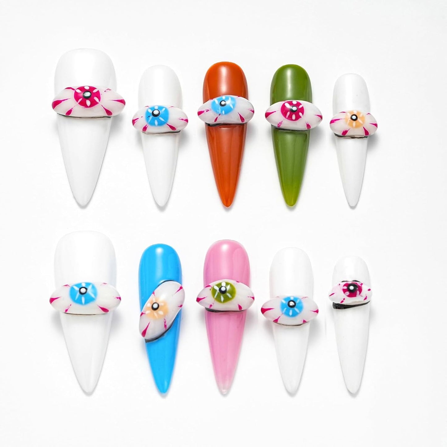 Colorful Handmade Press-On Stiletto Nails with 3D Devil Eyes - 10 Pcs Set for Women