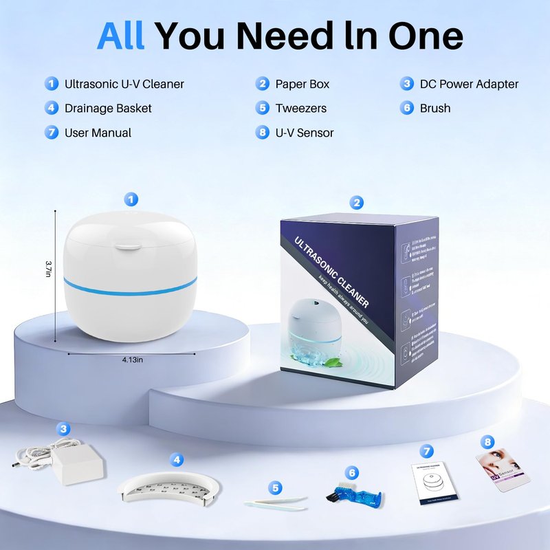 Voraiya Ultrasonic Retainer Cleaner Machine 45kHz 4 U-V Lights Dental Cleaning Pod 2 Modes 200ml, Dentist-Designed Ultrasonic Dental Retainer Cleaner for Dentures, Aligners, Night Guards, Mouth Guards