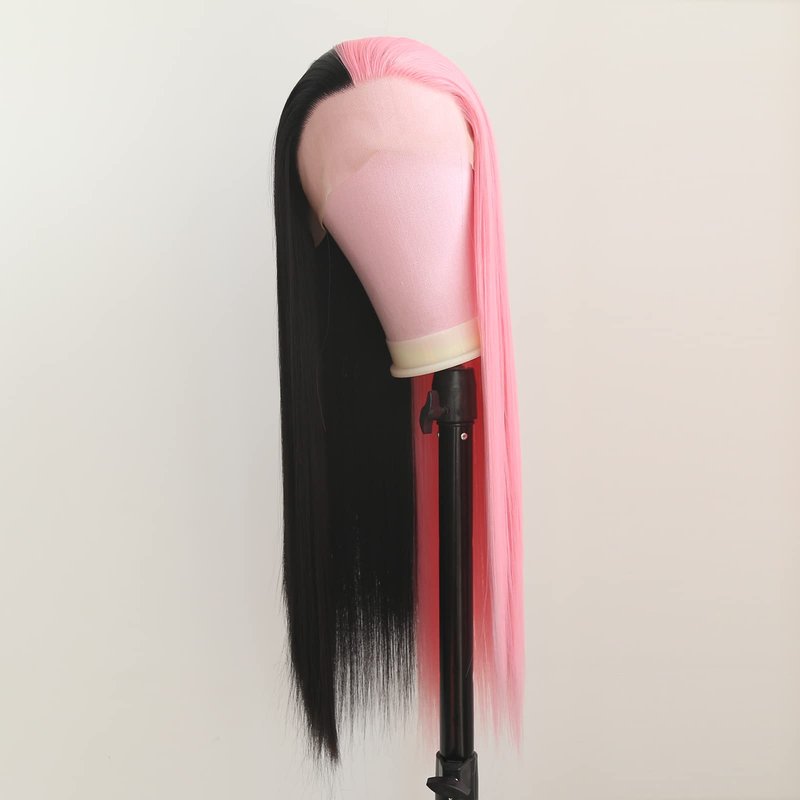 BTWTRY Half Pink Half Black Synthetic Lace Front Wigs Cosplay Wig Long Straight Hair for Fashion Women Halloween Party Wigs Heat Resistant Fiber Hair (24 Inch, Half Pink Half Black)
