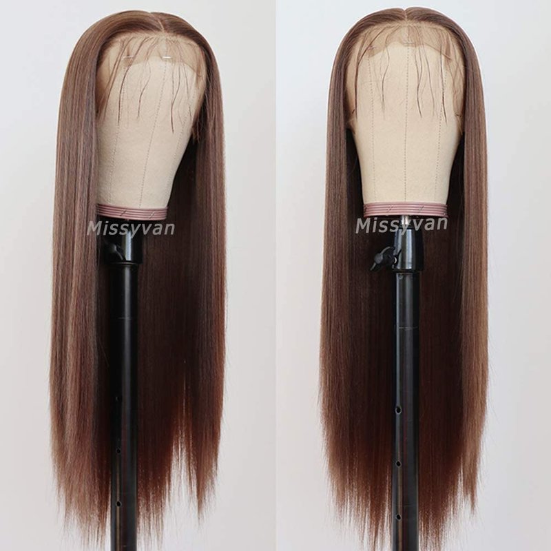 Missyvan Lace Front Wig Straight Hair Brown Color Long Wigs Glueless Heat Resistant Fiber Hair Dark Brown Synthetic Lace Front Wigs for Fashion Women
