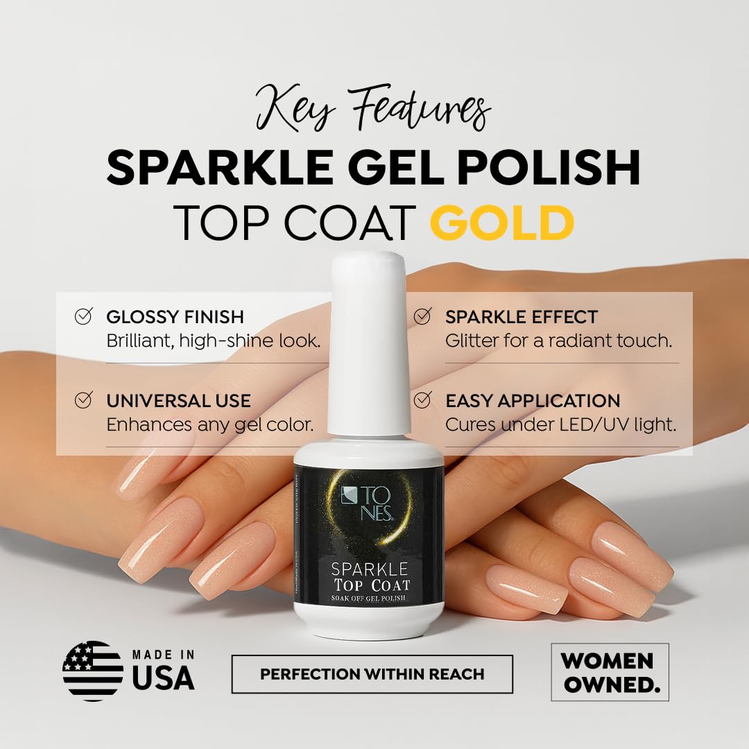TONES Sparkle Gold Top Coat Gel Polish, Soak Off UV/LED No Wipe Top Coat, High Shine Long Lasting Gloss Finish for Nail Art & Salon Manicure, 16ml / 0.56 fl. oz