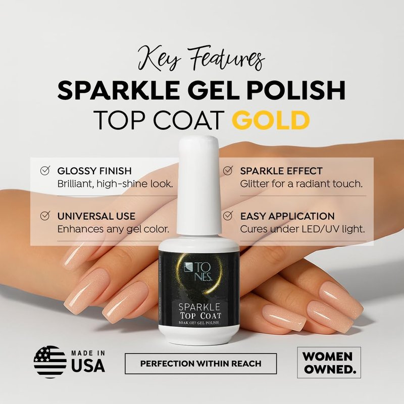 TONES Sparkle Gold Top Coat Gel Polish, Soak Off UV/LED No Wipe Top Coat, High Shine Long Lasting Gloss Finish for Nail Art & Salon Manicure, 16ml / 0.56 fl. oz